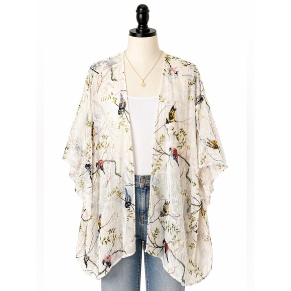 Tops - Bird & Branch Sheer Velvet Burnout Kimono Ivory Multi One Size S-XXL
